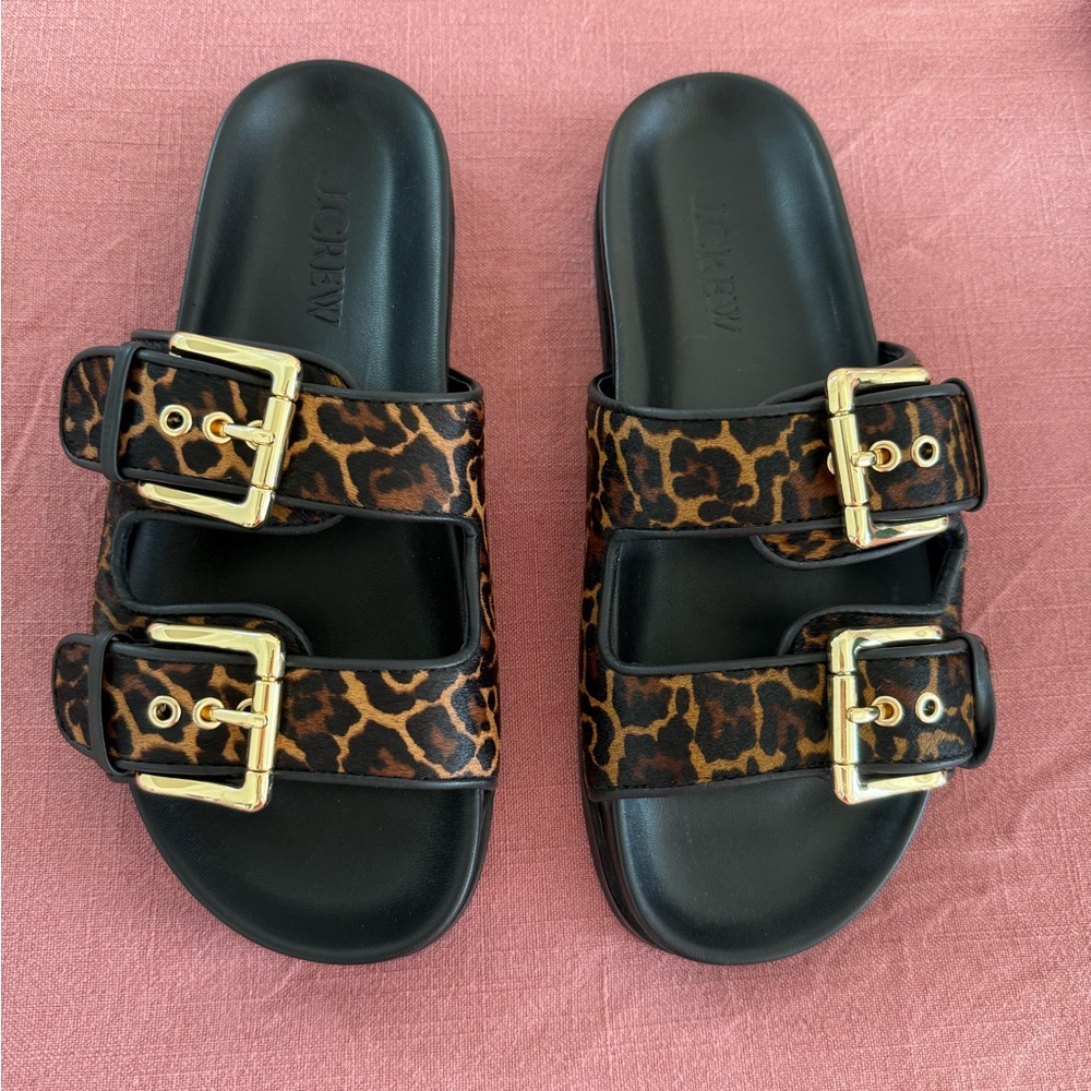 J. Crew Calf Hair Gold Buckle Cheetah Leather Slide Sandals